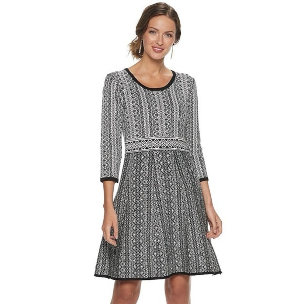 NWT Nina Leonard Print Fit & Flare Knit Sweater Dress Geometric New Black White